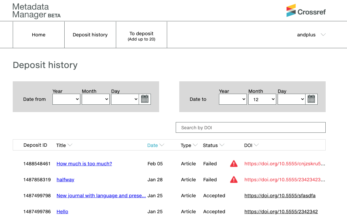Metadata Manager deposit history